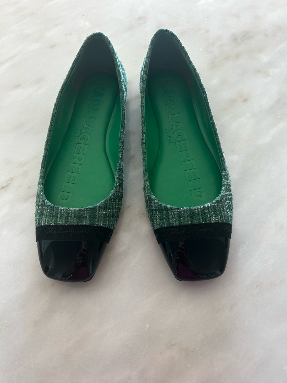 Karl Lagerfeld Green Tweed Ballet Flats with Black Patent Cap